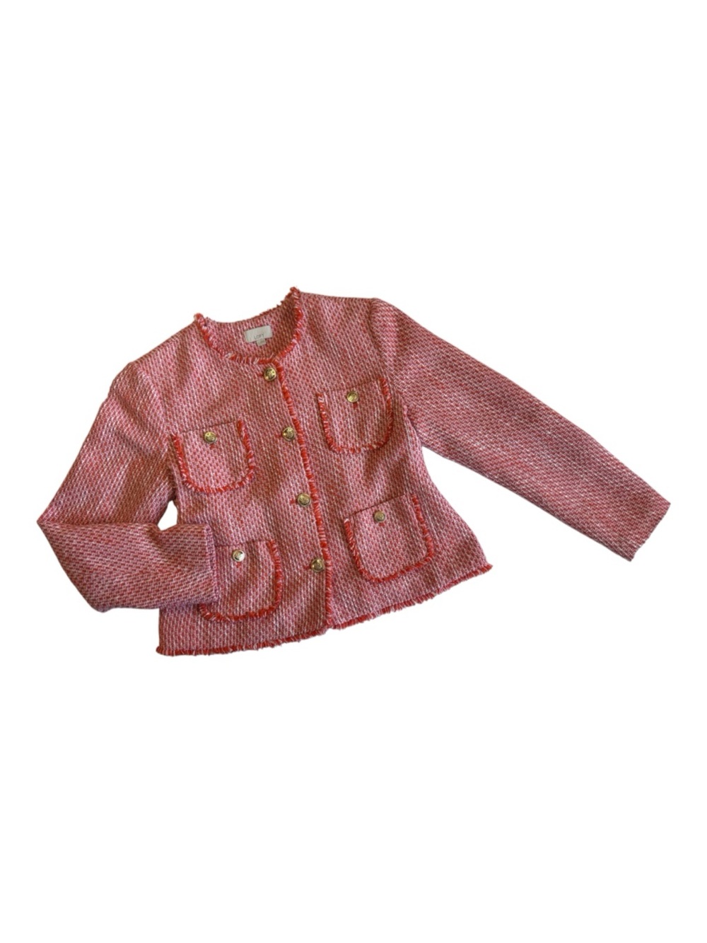 LOFT Ann Taylor Tweed Jacket Orange Pink Gold Button Fringe 4 Pocket Blazer